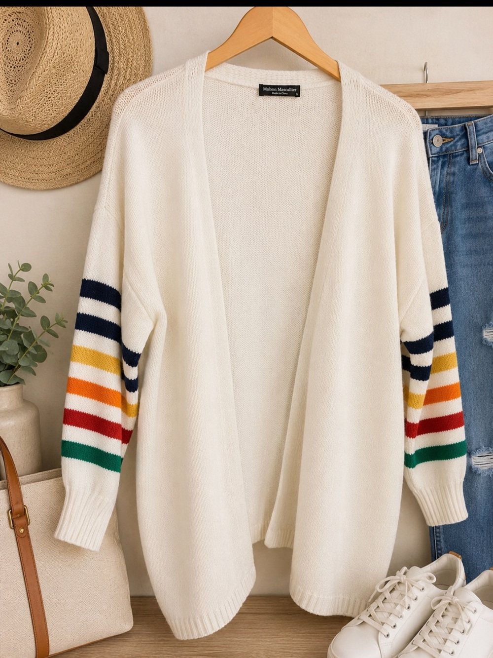 Maison Mascallier Rainbow Stripe Sleeve Open Front Cardigan | Size Large